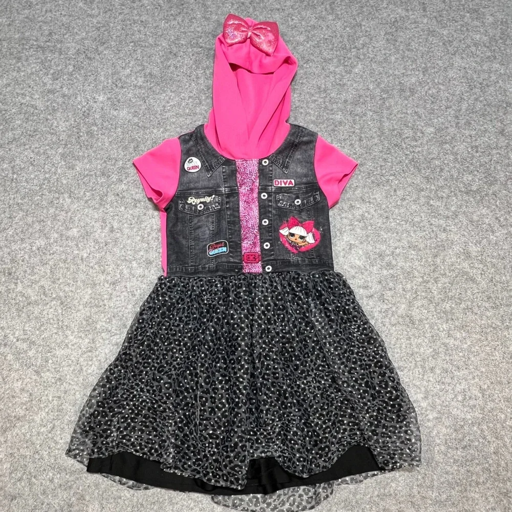 LOL Surprise Girls Pink Hooded Dress Diva Faux Denim Leopard Tulle Size 10/12